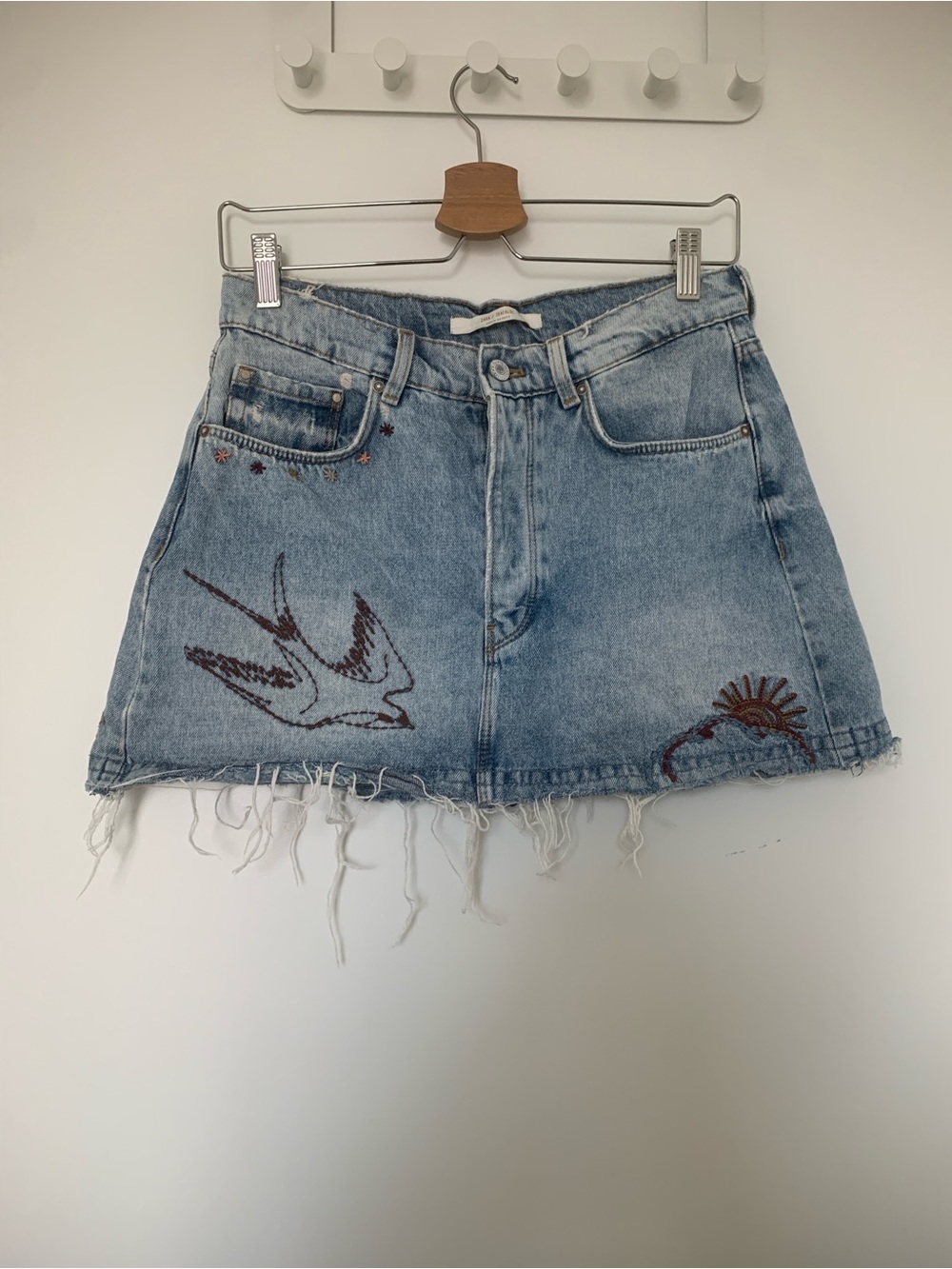 Zara Boho Denim Mini Skirt with Embroidered Swallow